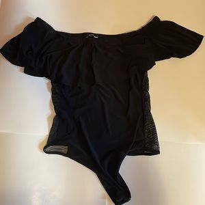 Black Off Shoulder Sheer Mesh Side Bodysuit